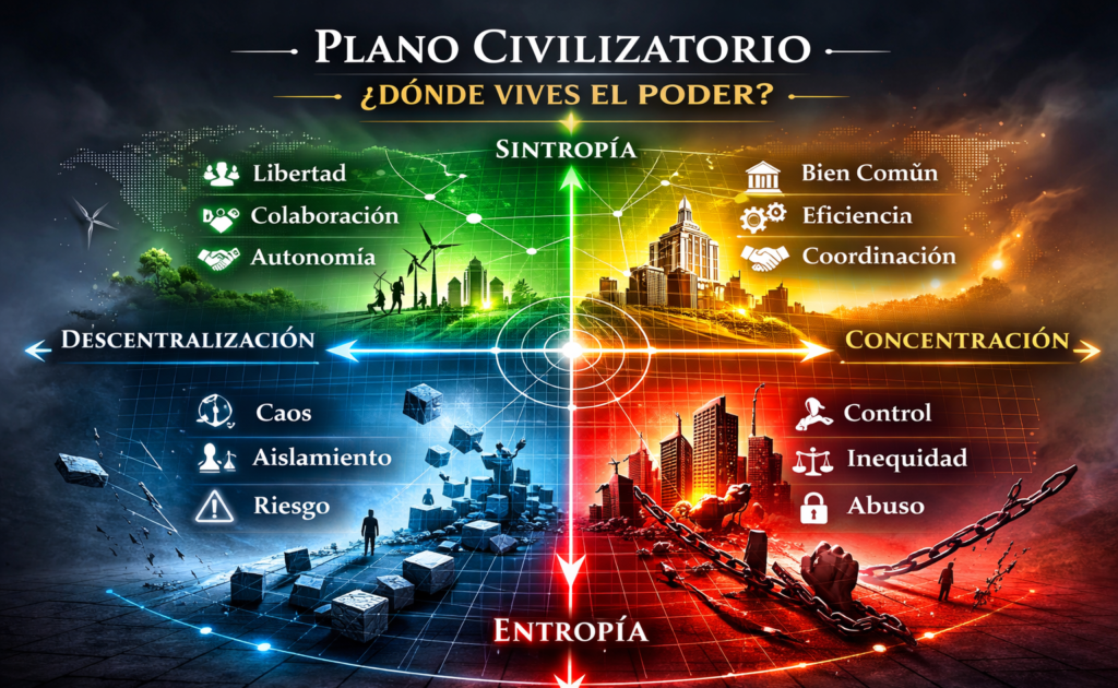 Gráfico abstracto del plano civilizatorio mostrando cuadrantes de sintropía y entropía y ejes de descentralización y concentración de poder.