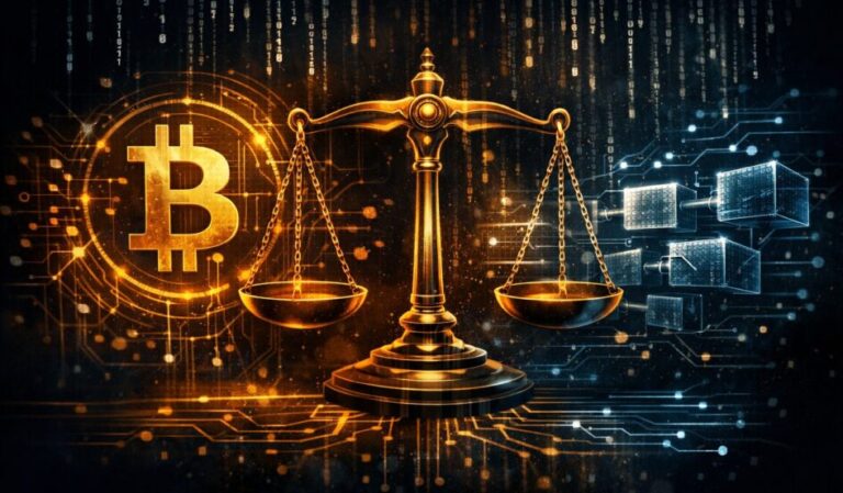 Ilustración abstracta sobre logosofía jurídica y Bitcoin, combinando código digital y símbolos de justicia.