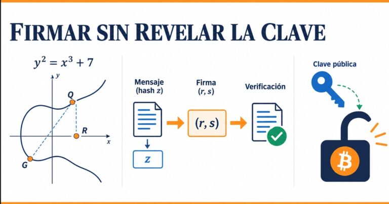 Esquema de una firma digital ECDSA en Bitcoin: clave privada, punto en la curva y verificación