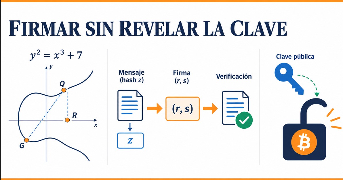 Esquema de una firma digital ECDSA en Bitcoin: clave privada, punto en la curva y verificación