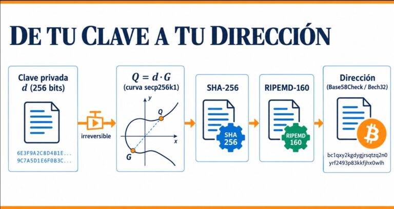 Proceso de derivar una dirección Bitcoin desde la clave privada mediante curva elíptica y funciones hash