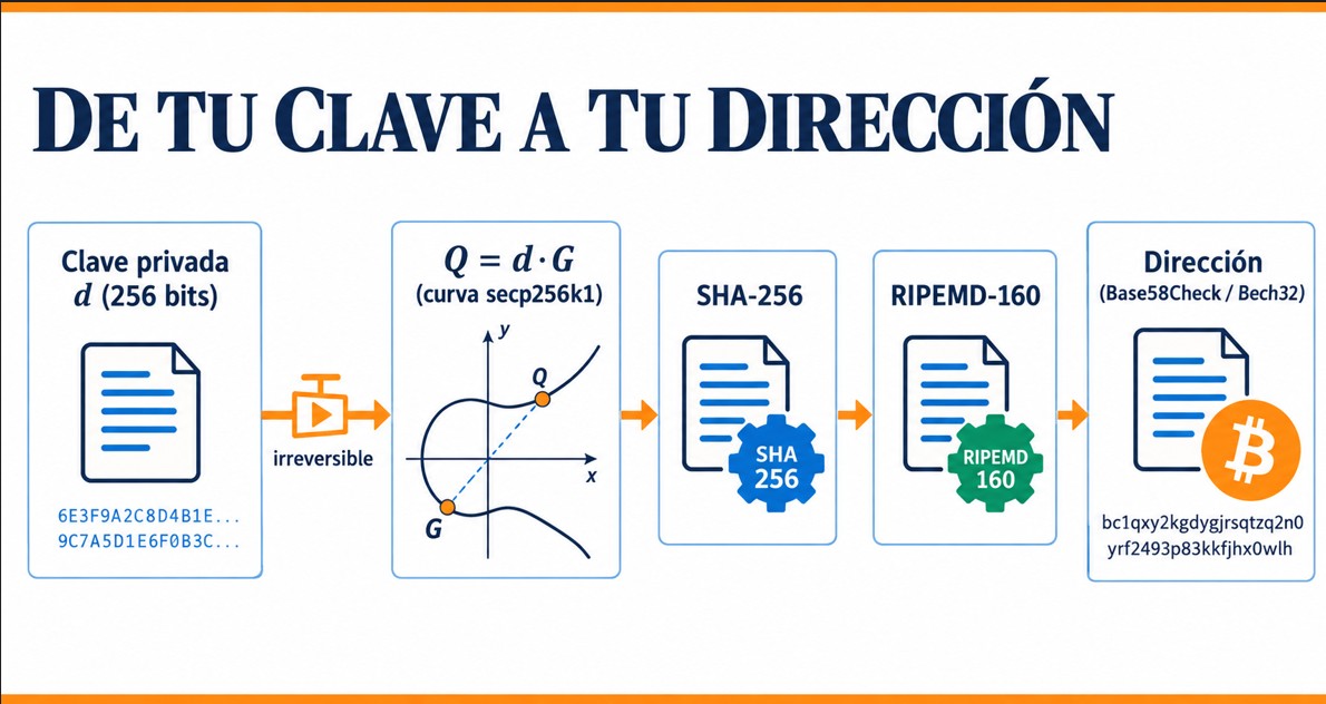 Proceso de derivar una dirección Bitcoin desde la clave privada mediante curva elíptica y funciones hash