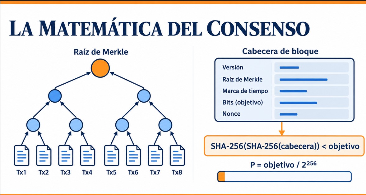 Árbol de Merkle de transacciones y prueba de trabajo con SHA-256 en Bitcoin